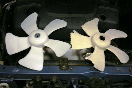 Kia Rio fan blades new on left and old on right.